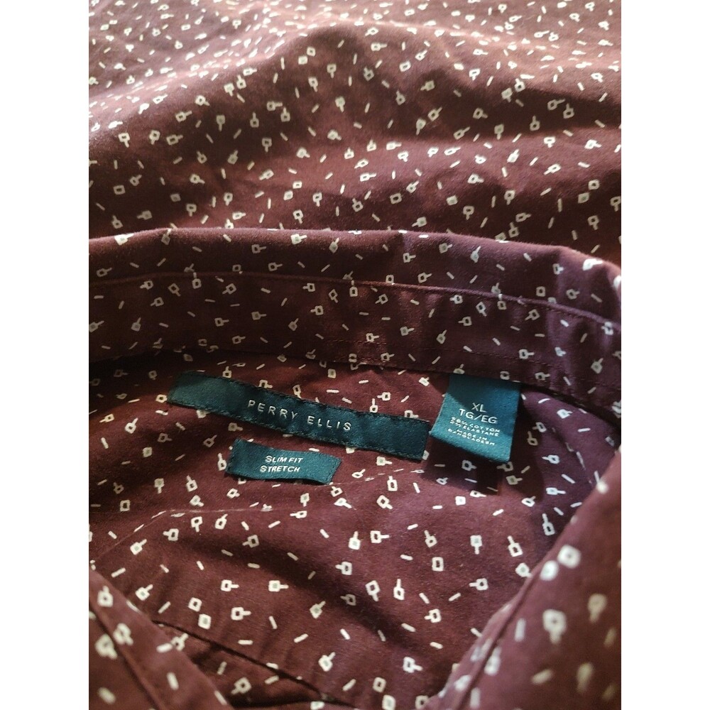 Perry Ellis Long Sleeve Mens Shirt XL Non Iron Stretch Burgundy Printed